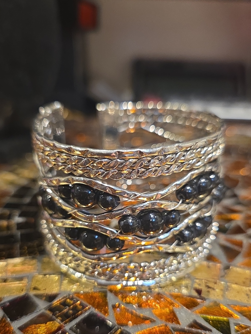 Source Unknown Silver Tone Cuff Bracelet with Black Beads